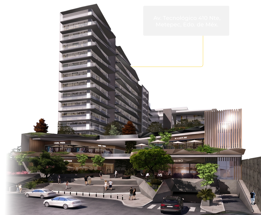 Departamentos en Metepec — Fachada de VIU Garden con vista al Nevado de Toluca